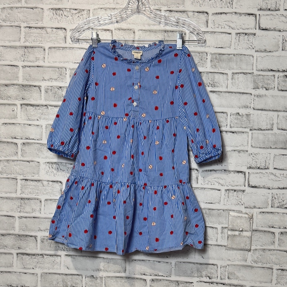 Crewcuts Blue Striped Kids Dress with‎ apple print ruffles and buttons size 7